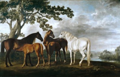 Éguas e potros em uma paisagem do rio de George Stubbs